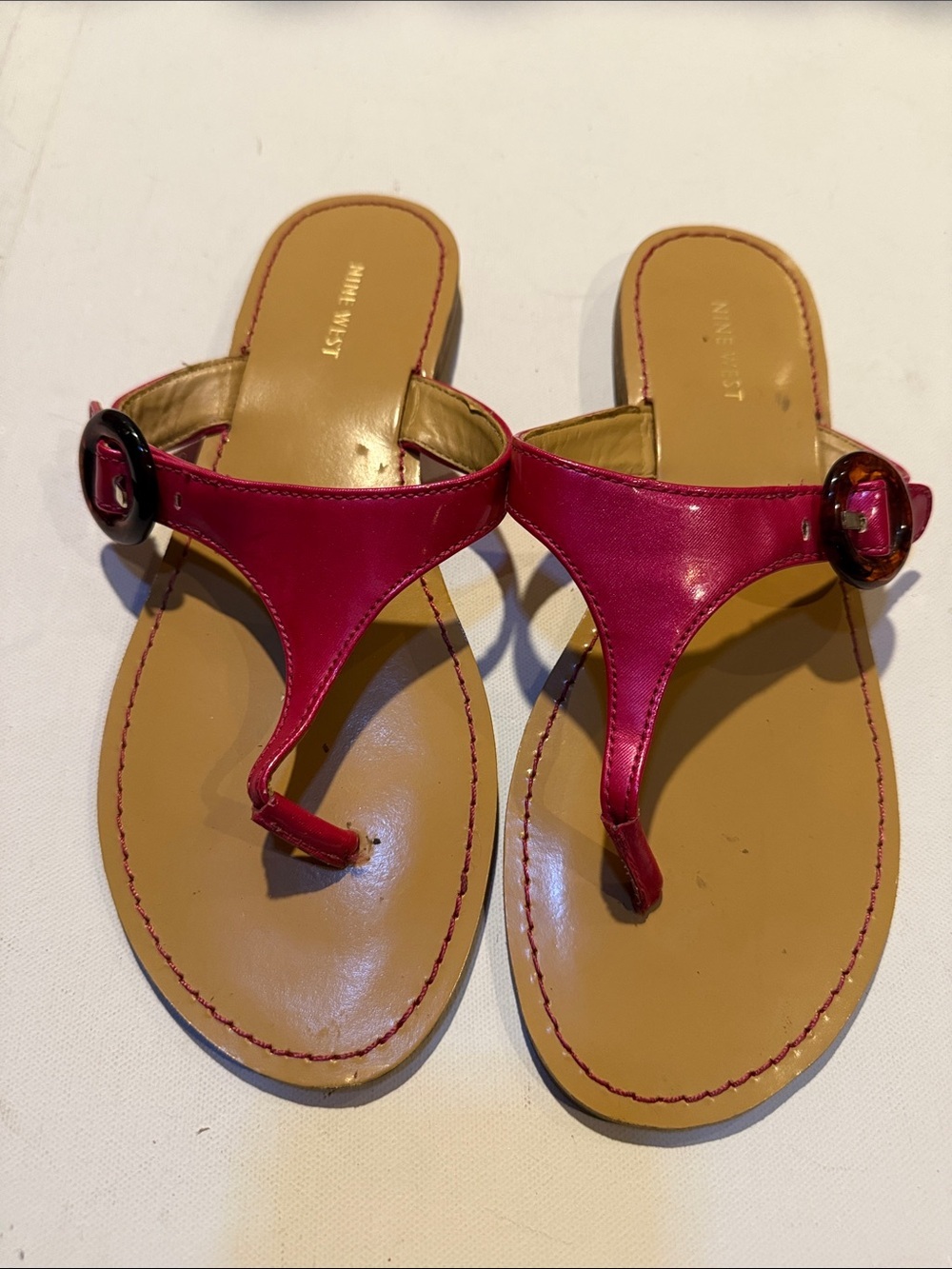 Nine West Hot Pink Leather Thong Sandals with Buckle Accent
